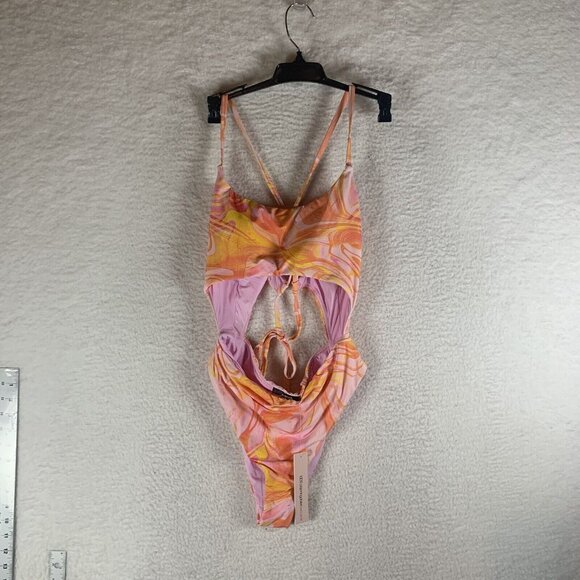 Aqua Swim One Piece Swimsuit Women's‎ Small Pink Multi Swirl Print Cutout S9813 - Picture 1 of 5
